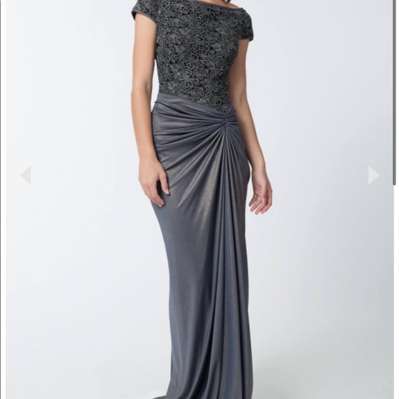 NWOT Tadashi Shoji Metallic Lace and Draped Jersey Plus 22Q Duchess Grey - Picture 2 of 7